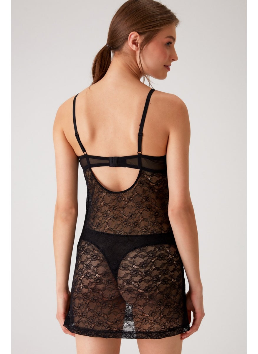 pierre cardin - Black 4661 Padded Underwire Dowry Lace Nightgown and String Fantasy Lingerie Set - Image 1