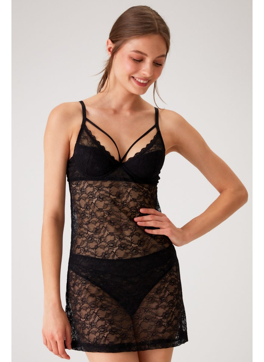 pierre cardin - Black 4661 Padded Underwire Dowry Lace Nightgown and String Fantasy Lingerie Set - Image 1