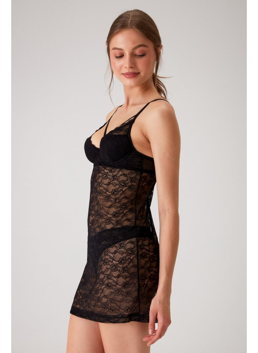 pierre cardin - Black 4661 Padded Underwire Dowry Lace Nightgown and String Fantasy Lingerie Set - Image 1
