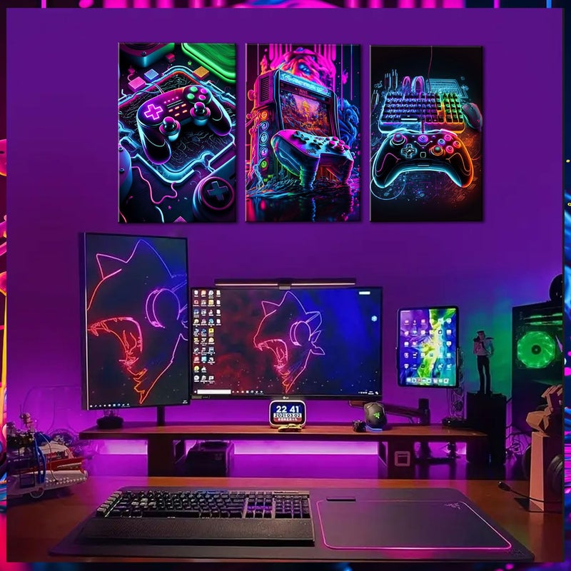 BGFCE Game Room Decor Posters Set of 3 - Neon Gaming Accessories Theme Canvas Wall Art, Gamer Console Paintings Picture Wall Decor for Children Youth Boys Bedroom 12x16 inch Unframed - Image 2