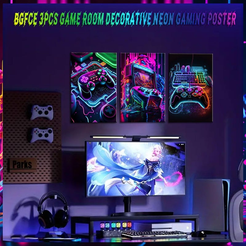 BGFCE Game Room Decor Posters Set of 3 - Neon Gaming Accessories Theme Canvas Wall Art, Gamer Console Paintings Picture Wall Decor for Children Youth Boys Bedroom 12x16 inch Unframed - Image 3