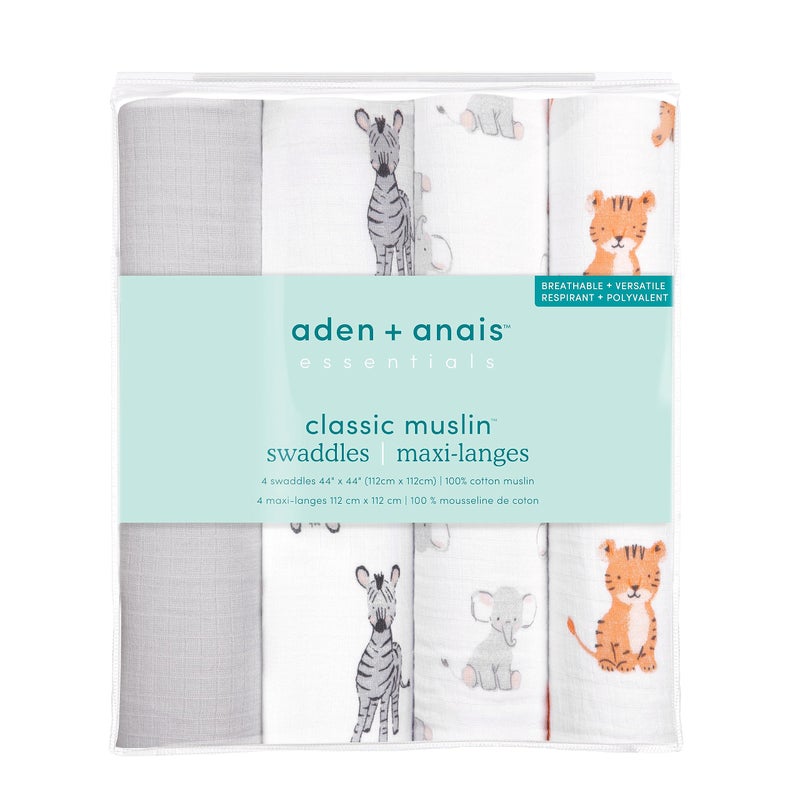 aden + anais Essentials Muslin Swaddle Blankets for Baby Girls and Boys, Newborn Receiving Blanket for Swaddling, 100% Cotton Baby Swaddle Wrap, 4 Pack, Safari Babes - Image 2