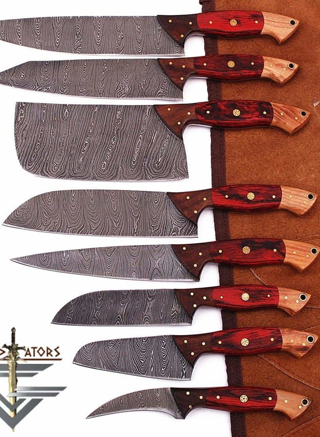 GladiatorsGuild G29RD- Professional Kitchen Knives Custom Made Damascus Steel 8 pcs of Utility Chef Knife Set with Chopper/Cleaver Pocket Case Roll Bag (Red) - Image 1