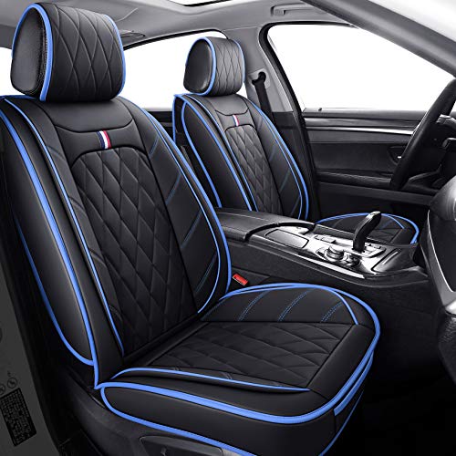 Aierxuan Front Seat Covers for Cars, Waterproof Leather for Nissan Chevy Malibu Kia Soul Sorento Hyundai Elantra Tucson Accent Sonata Kona Outlander Galant (2 PCS Front, Black-Blue) - Image 2