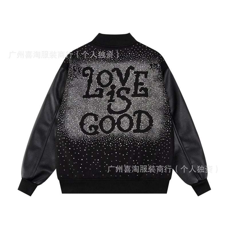 High-End Goo Brand Starry Night Rhinestone Couple Baseball Jacket With Pearl Embroidery And Leather Sleeves For Men And Women - Image 3