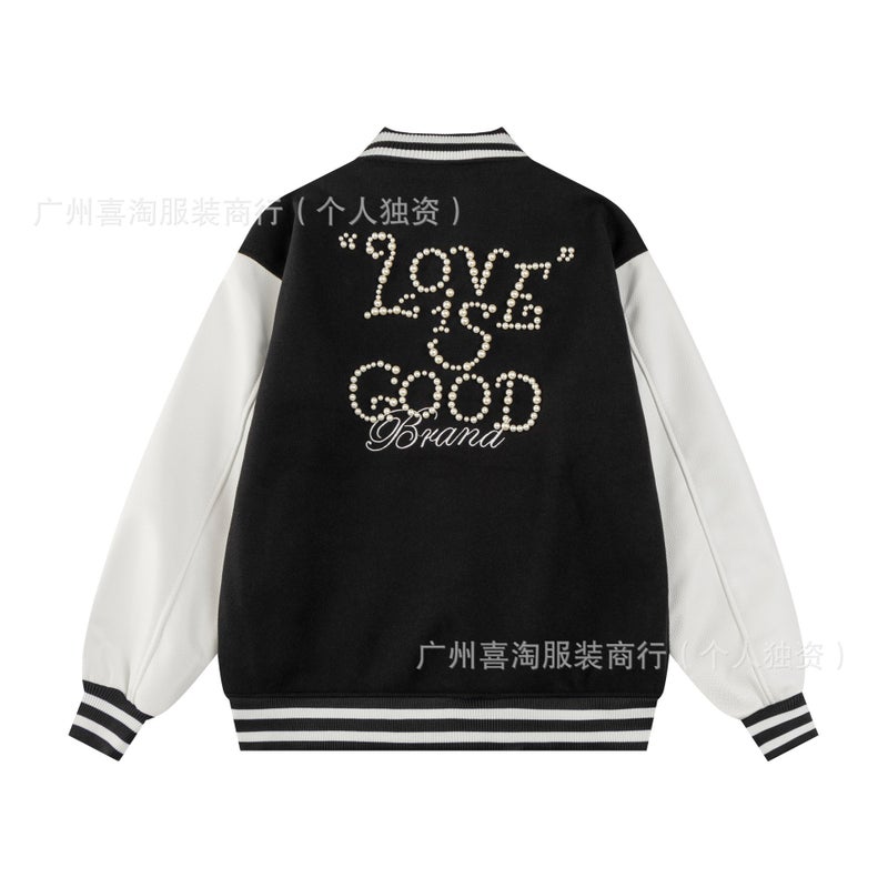High-End Goo Brand Starry Night Rhinestone Couple Baseball Jacket With Pearl Embroidery And Leather Sleeves For Men And Women - Image 5