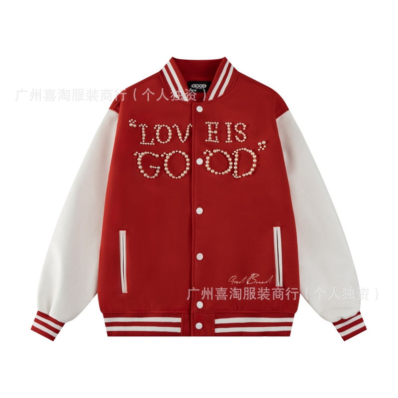 High-End Goo Brand Starry Night Rhinestone Couple Baseball Jacket With Pearl Embroidery And Leather Sleeves For Men And Women - Image 4