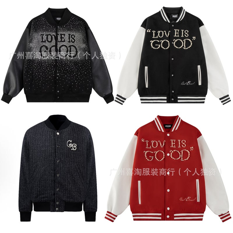 High-End Goo Brand Starry Night Rhinestone Couple Baseball Jacket With Pearl Embroidery And Leather Sleeves For Men And Women - Image 2