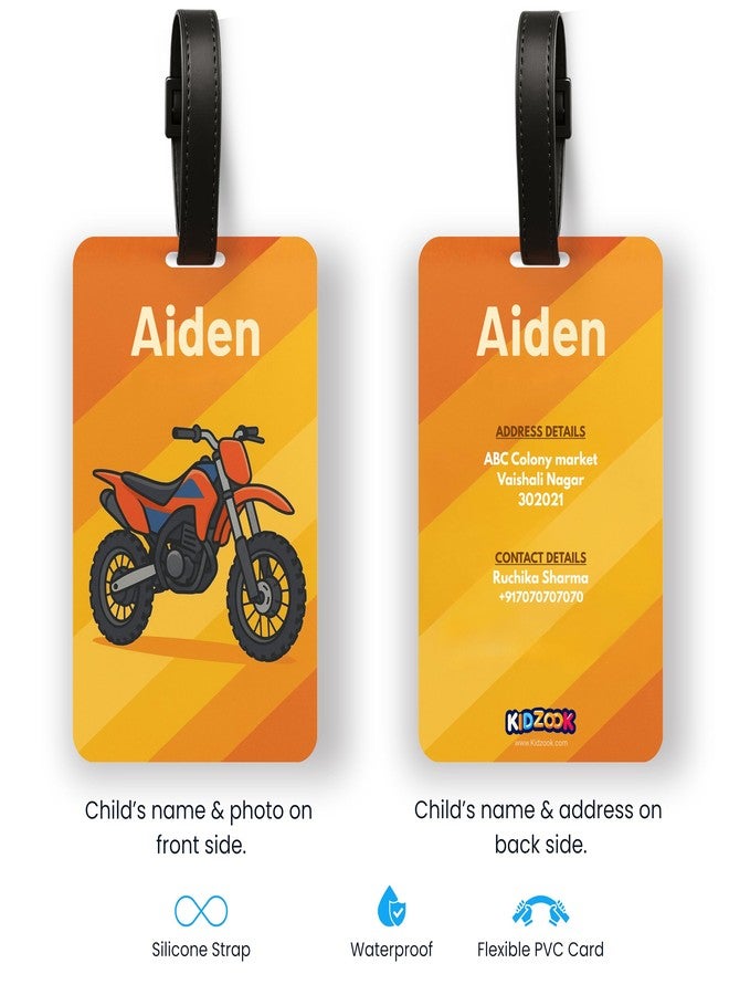 Kidzook Personalized Name Bag Tag | Custom Luggage Tag for Kids & Adults - PVC Luggage Tag for Travel, School, Office, Camping | Dirt Bike Theme Design with Silicone Strap (Pack of 1) - Image 4