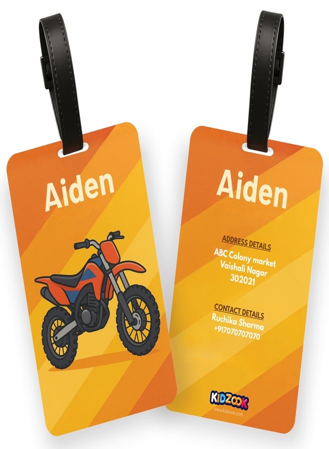 Kidzook Personalized Name Bag Tag | Custom Luggage Tag for Kids & Adults - PVC Luggage Tag for Travel, School, Office, Camping | Dirt Bike Theme Design with Silicone Strap (Pack of 1) - Image 1