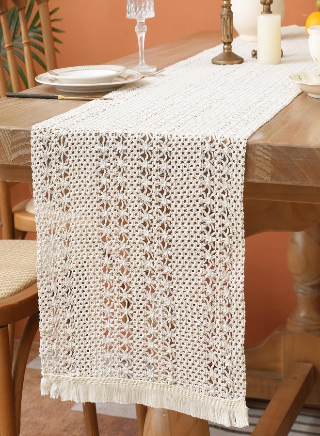 timecity Beige Table Runner Farmhouse Table Runner 79 Inches Long Boho Fall Woven Rustic Vintage Runners with Tassels Macrame Burlap Runner for Dinning Living Room, 14x79 Inches - Image 1