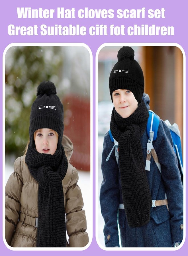 Cutecrop طقم شتوي للأطفال من كيوت كروب مكون من 3 قطع: قبعة وقفازات ووشاح، قبعة صوفية محبوكة مزينة بكرة قطة، مدفأة للرقبة، مناسب للأولاد والبنات من عمر 5 إلى 10 سنوات (أسود). - Image 5
