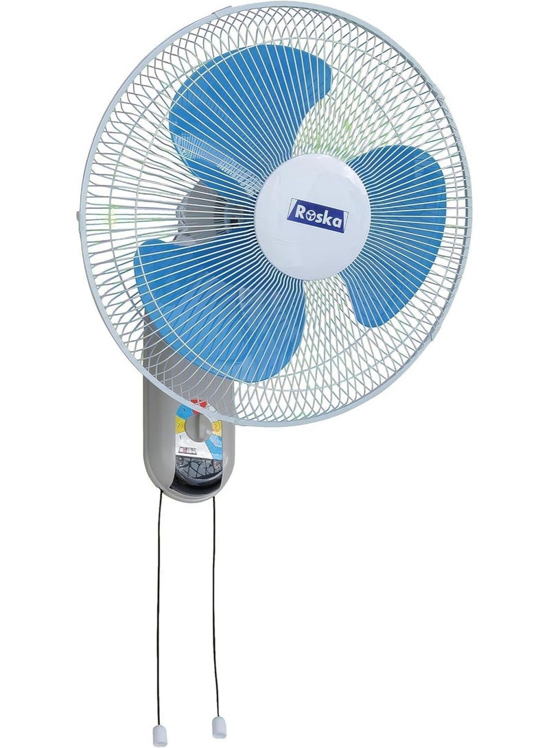 Roska 16-Inch Wall Mounted Fan - FB40 Electric Cooling Fan with 3 Speed Settings, Tilt Adjustable Head, and Pull Cord Control - Smooth & Quiet Operation, White/Blue - Image 1
