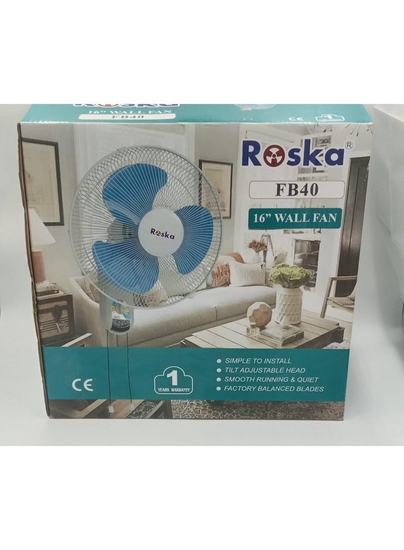 Roska 16-Inch Wall Mounted Fan - FB40 Electric Cooling Fan with 3 Speed Settings, Tilt Adjustable Head, and Pull Cord Control - Smooth & Quiet Operation, White/Blue - Image 4