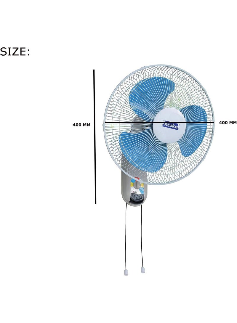 Roska 16-Inch Wall Mounted Fan - FB40 Electric Cooling Fan with 3 Speed Settings, Tilt Adjustable Head, and Pull Cord Control - Smooth & Quiet Operation, White/Blue - Image 3