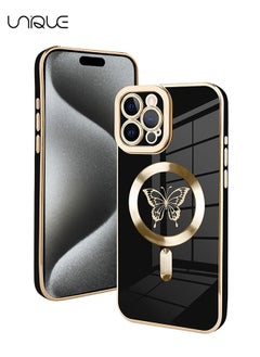 Designed for iPhone 15 Pro Max Magnetic Case Compatible with MagSafe Wireless Charging,Cute Butterfly Phone Case with Camera Protection for Women Girls Men 6.7"- Black