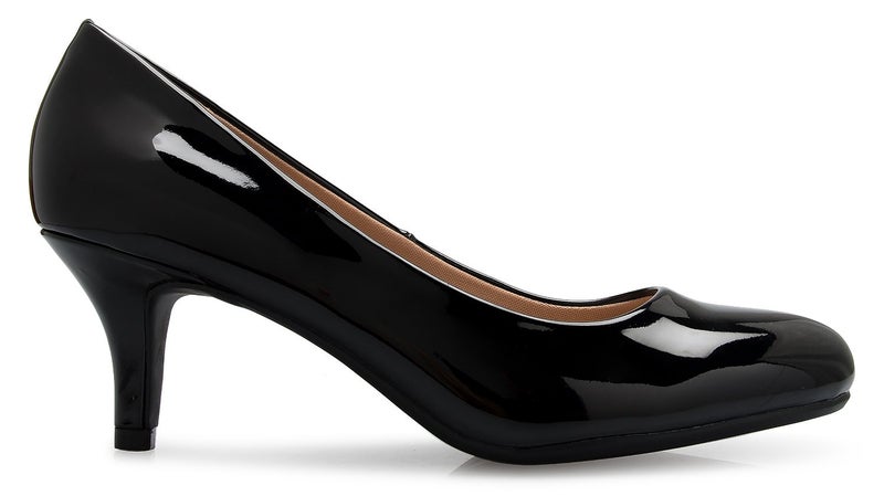 OLIVIA K Women's Comfort Classic Round Toe Kitten Low Mid Heel Dress Pumps, 10 B(M) US, Black Patent - Image 2