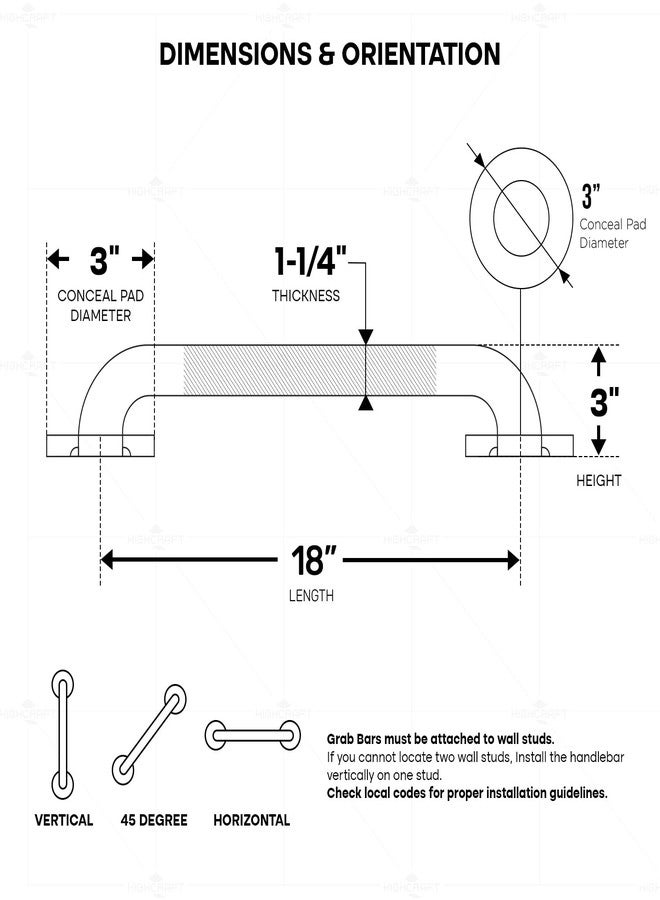 Highcraft Grab Bar for Bathtubs and Showers, Anti Slip Shower Grab Bars for Seniors and Elderly, Safety Bar for Bathroom 18" x 1.5" ADA Compliant Grab Bar, Heavy Duty Stainless Steel Shower Handle - Image 3