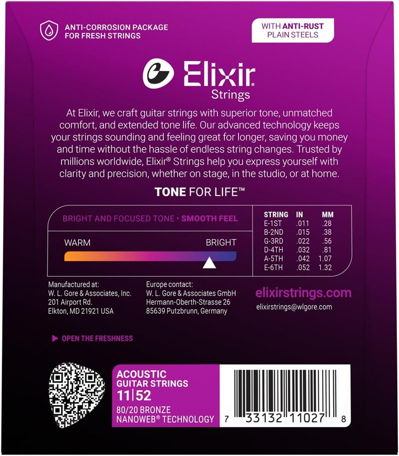 ELIXIR Multi-market varied design options Strings 80/20 Bronze Acoustic Guitar W Nanoweb Coating, Custom Light (.011-.052) Long lasting universal build - Image 2