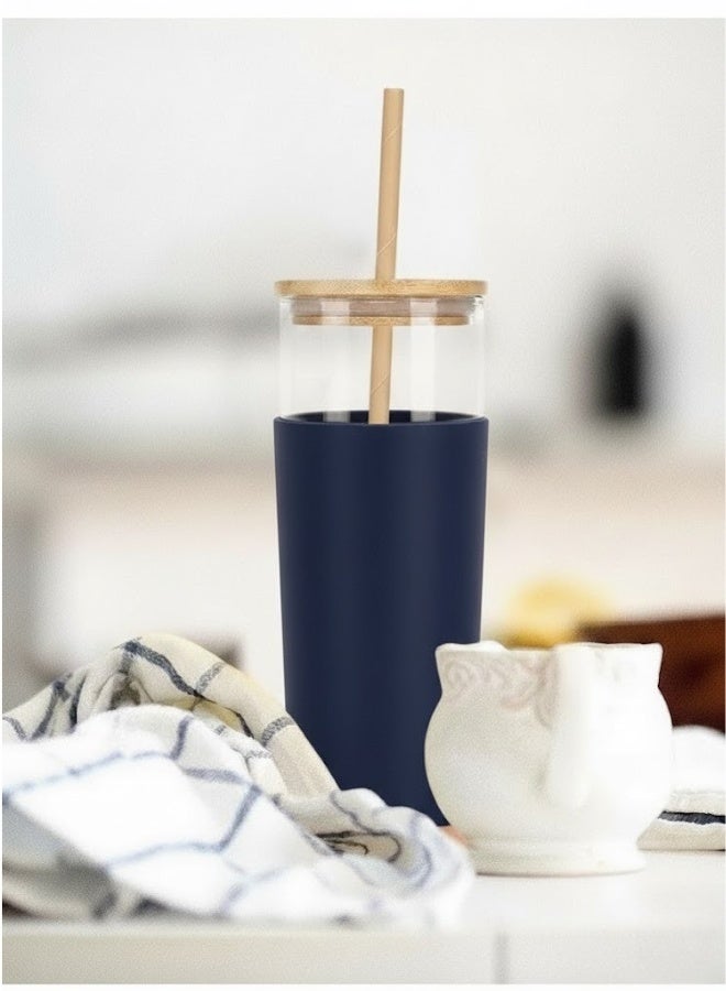 فالمر كوب زجاجي مع حافظة واقية من السيليكون مع ماصه من الكارتون للمشروبات الباردة والعصائر بغطاء خشب سعه 500 مل - شفاف/أزرق غامق - Image 3