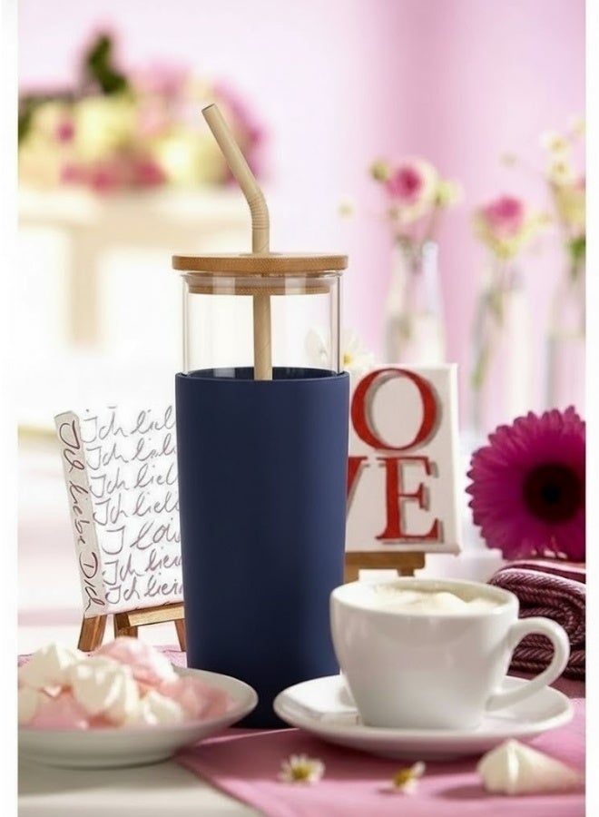 فالمر كوب زجاجي مع حافظة واقية من السيليكون مع ماصه من الكارتون للمشروبات الباردة والعصائر بغطاء خشب سعه 500 مل - شفاف/أزرق غامق - Image 4