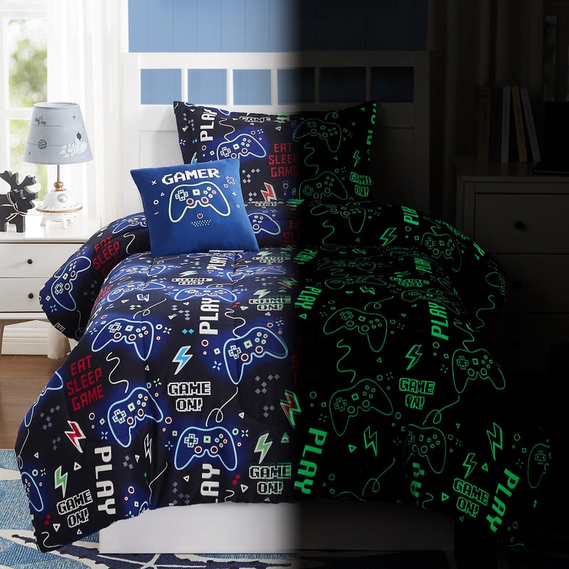 Kaleido Space Kids Comforter Set Twin Size for Boys, Glow in The Dark Gamer Bedding Set 1 Comforter, 1 Decor Pillow, 1 Pillow Sham, Twin XL Comforter Set - Image 1