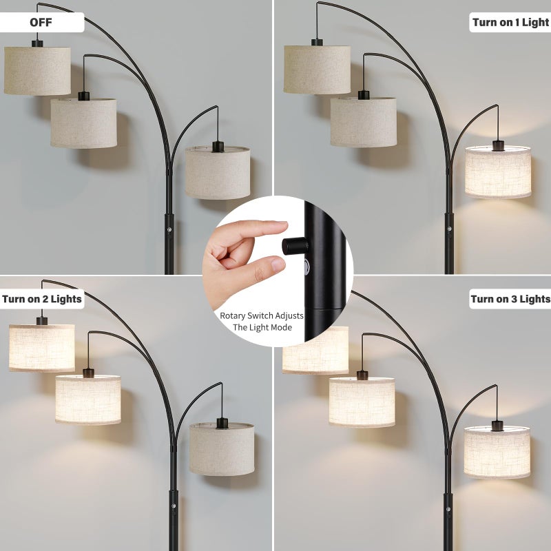 SUNMORY 3 Lights Floor Lamp for Living Room, 78" Tall Standing Lamp with Hanging Drum Shade, Modern Arc Floor Lamps with Heavy Base, Mid Century Arched Tree Floor Lamp for Bedroom, Office, Corner - Image 2