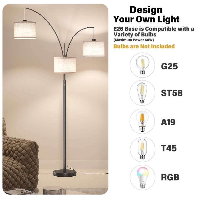 SUNMORY 3 Lights Floor Lamp for Living Room, 78" Tall Standing Lamp with Hanging Drum Shade, Modern Arc Floor Lamps with Heavy Base, Mid Century Arched Tree Floor Lamp for Bedroom, Office, Corner - Image 4