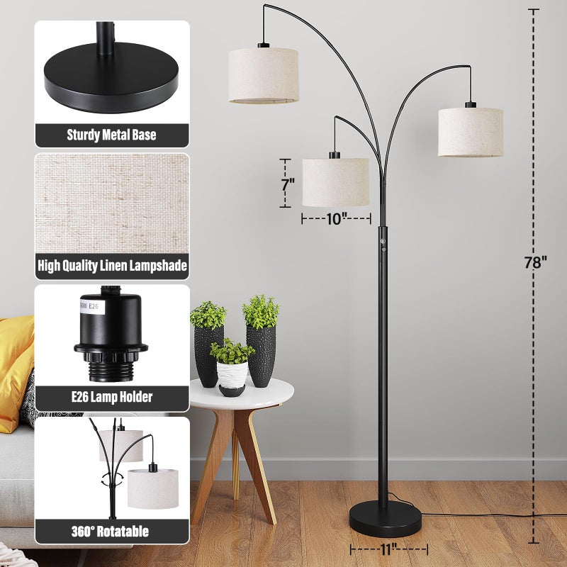 SUNMORY 3 Lights Floor Lamp for Living Room, 78" Tall Standing Lamp with Hanging Drum Shade, Modern Arc Floor Lamps with Heavy Base, Mid Century Arched Tree Floor Lamp for Bedroom, Office, Corner - Image 3