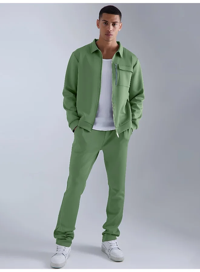 مانياك Maniac Men Solid Hunter Green Collared Neck Jacket and Jogger Cotton Loopknit Fleece Co-Ords