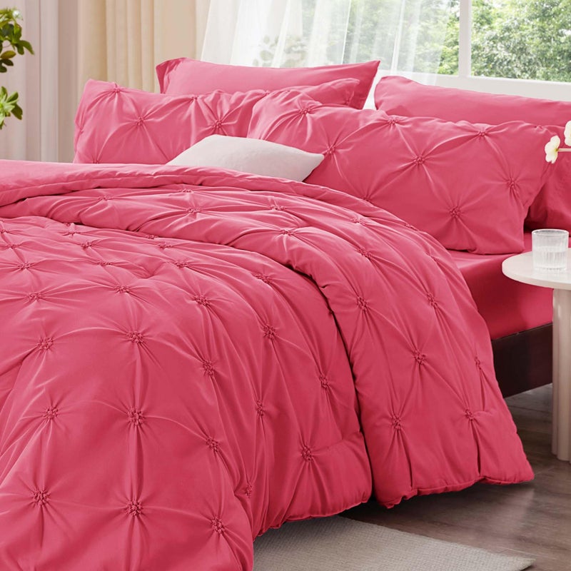 BEDELITE Hot Pink Twin Comforter Set - 2 Peices Boho Pintuck Bedding Comforter Sets  Lightweight Soft & Warm Twin Bedding Sets with 1 Pillowcase for All Season - Image 2