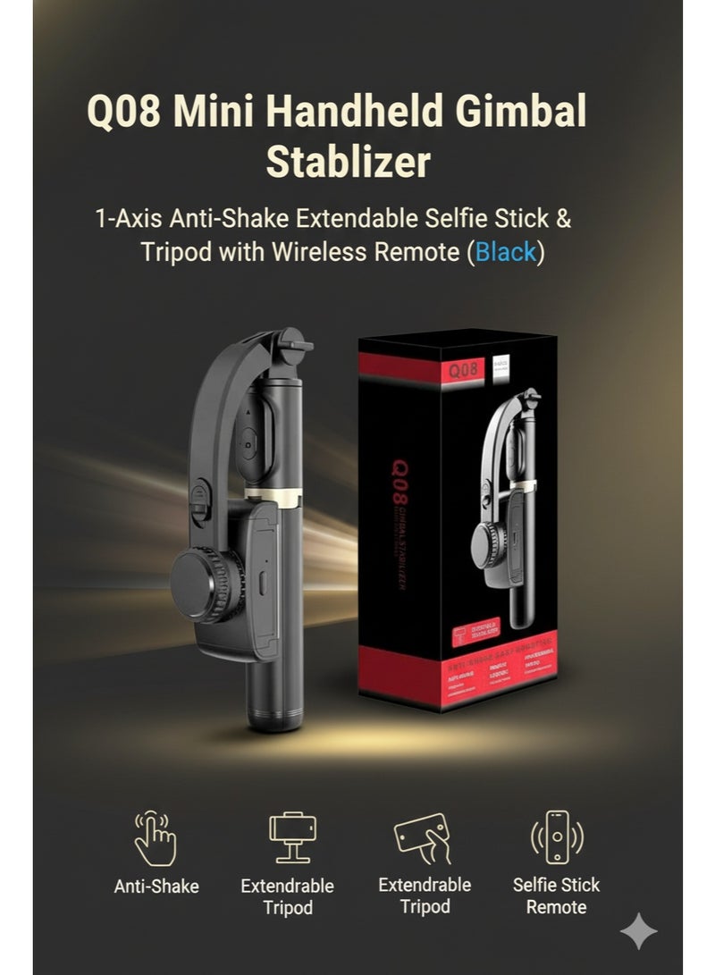 Macon Q08 Mini Handheld Gimbal Stabilizer – 1-Axis Anti-Shake Extendable Selfie Stick & Tripod with Wireless Remote (Black) - Image 2