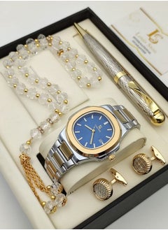A high-quality, elegant men's watch gift set from Louis Ston, a silver bracelet with a Blue bracelet and a white dial with the date display