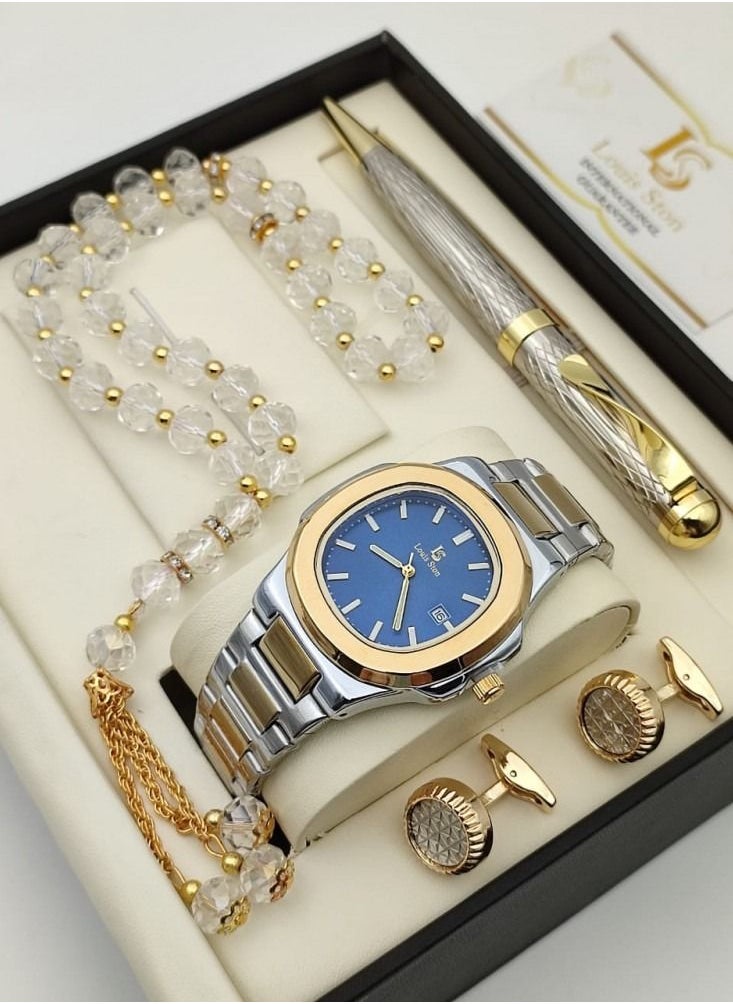 Louis Ston - A high-quality, elegant men's watch gift set from Louis Ston, a silver bracelet with a Blue bracelet and a white dial with the date display - Image 1