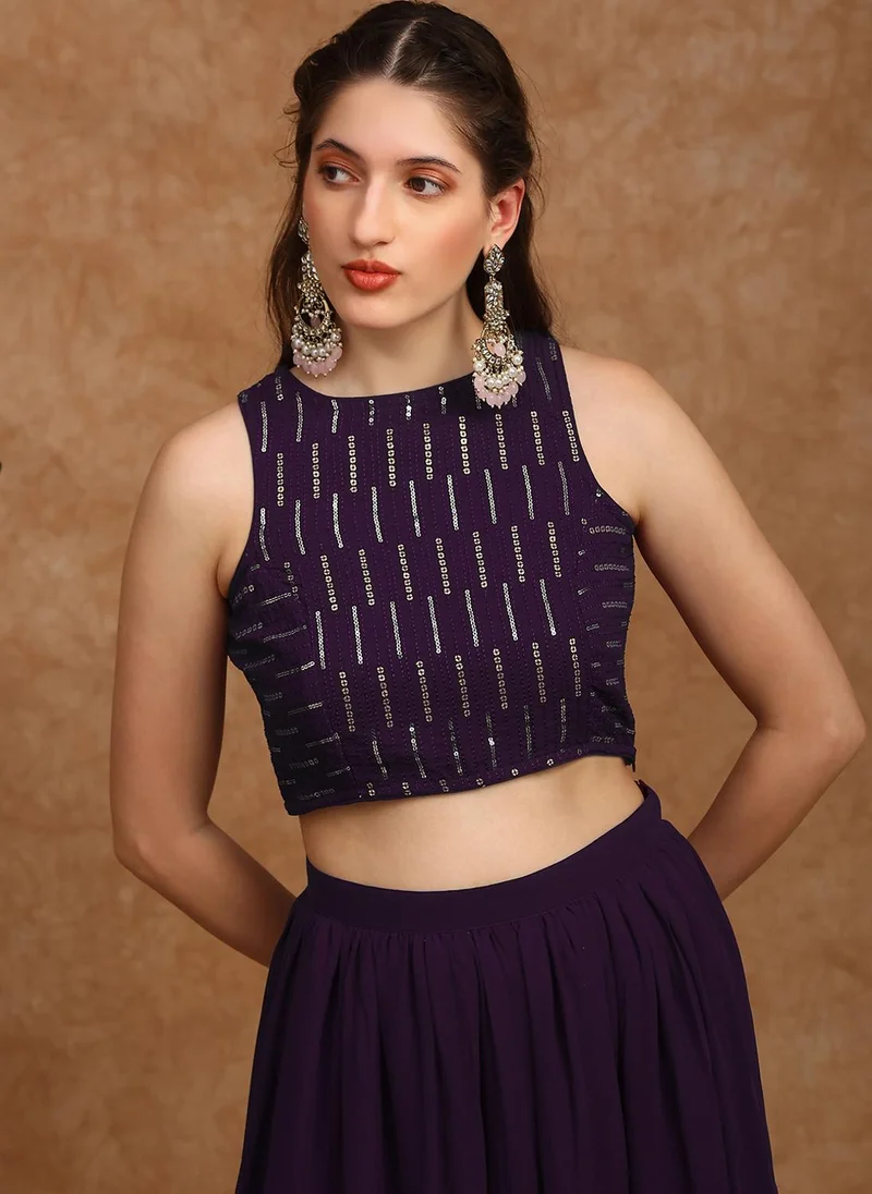 globus Globus Women Purple Sequinned Embroidered Halter Neck Sleeveless Georgette Crop Top & Tiered Skirt Fusion Co-Ord Set