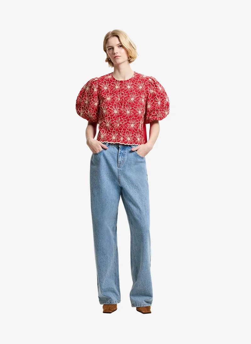 فرنش كونكشن Women's Watermelon Red Rorry Cotton Broidered Button Through Shirt