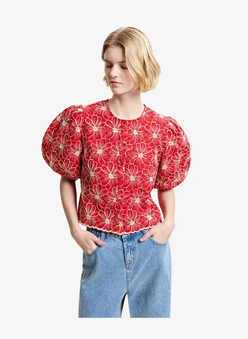 فرنش كونكشن Women's Watermelon Red Rorry Cotton Broidered Button Through Shirt