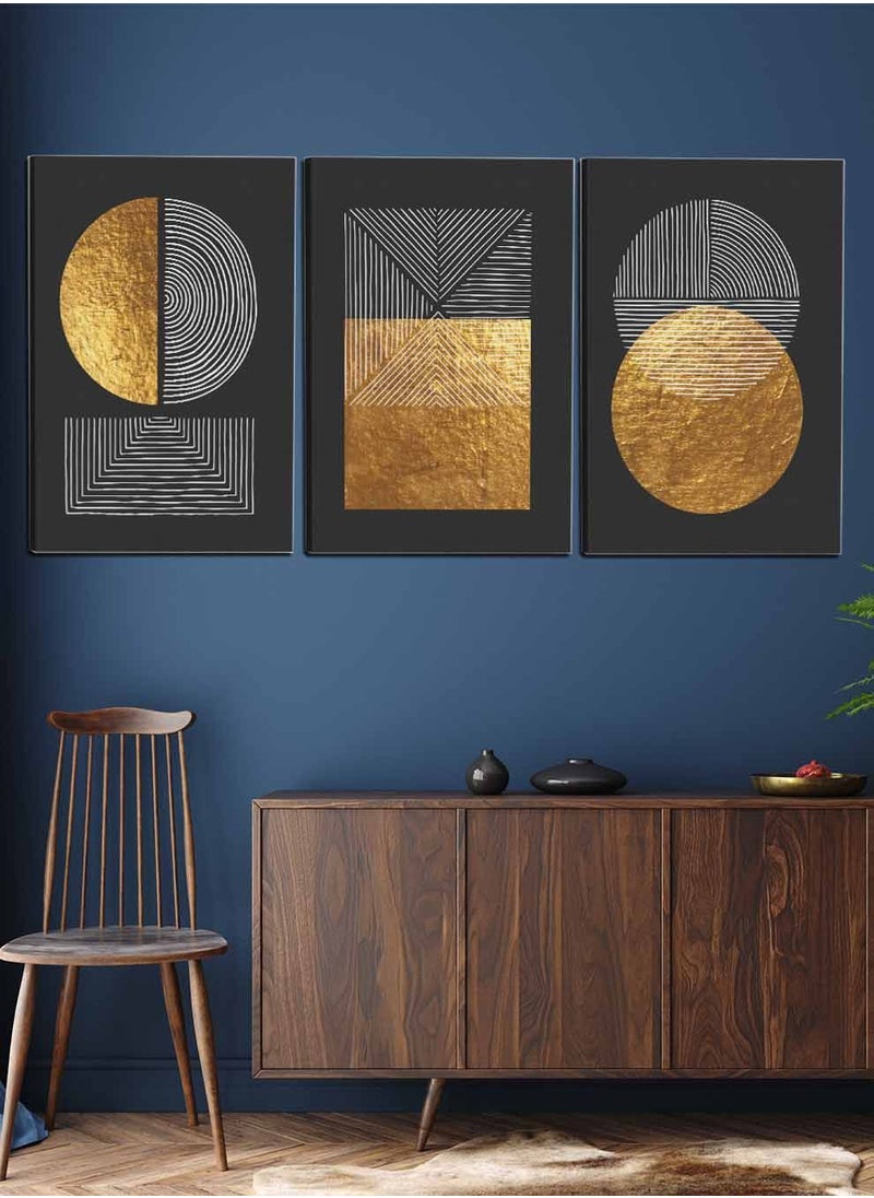 LOWHA Set Of 3 Framed Canvas Wall Arts Stretched Over Wooden Frame, Abstract Circle Squares Paintings, For Home, Living Room, Office Decor  - Image 3