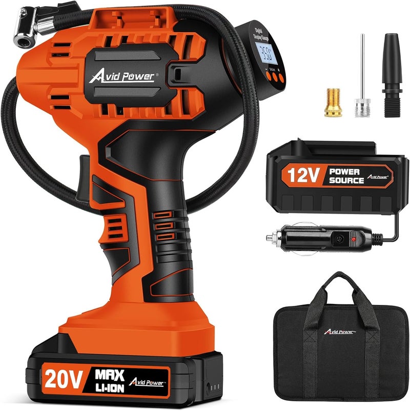 AVID POWER Tire Inflator Portable Air Compressor, 20V Cordless Rechargeable Battery Tire Pump w/ 12V Car Power Adapter, Digital Pressure Gauge, Auto Air Pump for Many Inflatables (Orange) - Image 1