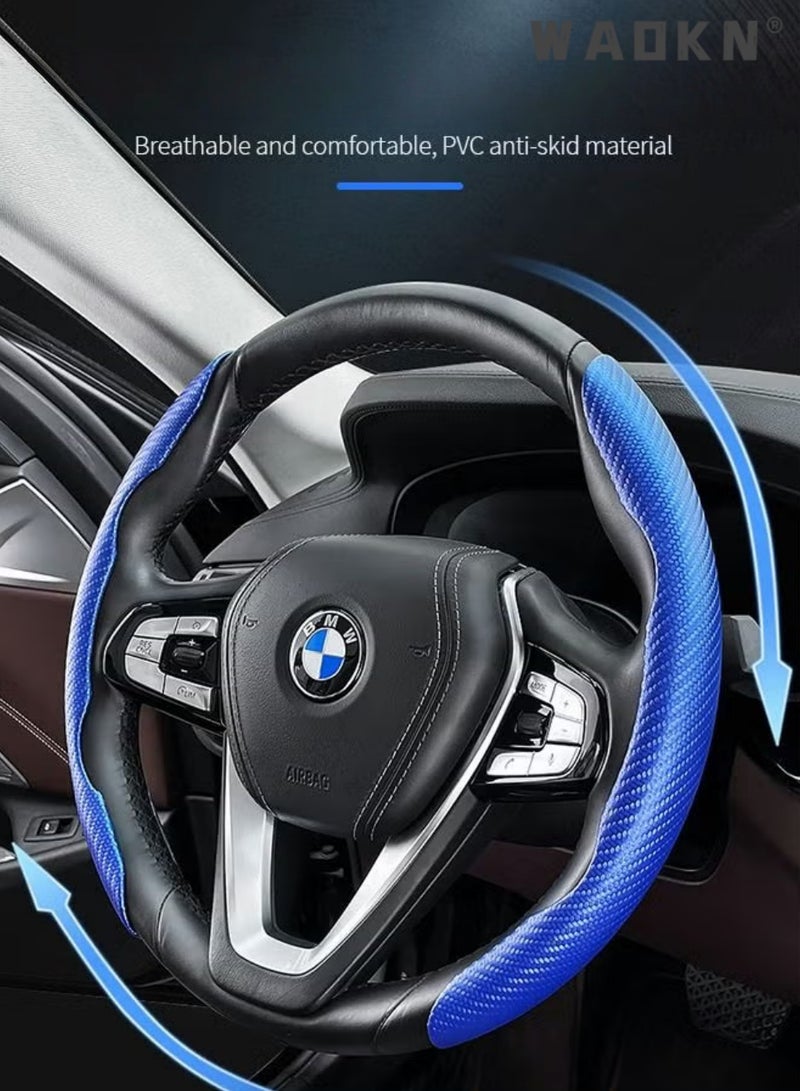 WAOKN Steering Wheel Cover, Clip-On Half-Wrap Carbon Fiber D-Type Cover, 2-Pieces ，Non-Slip Sweat-Absorbent All-Season Protector, Universal Fit for 99% of Cars Including Toyota, Honda, Nissan, Volkswagen, Hyundai and Kia, Sporty Car Interior Accessory for Men and Women(Glossy Blue) - Image 4