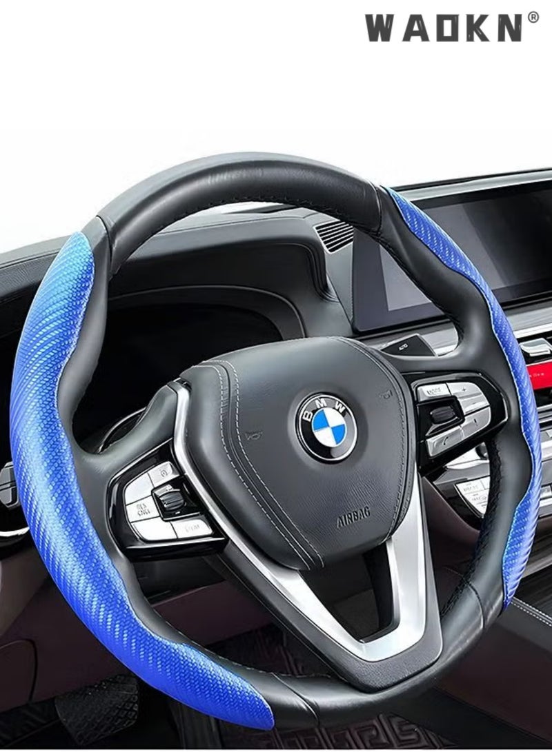 WAOKN Steering Wheel Cover, Clip-On Half-Wrap Carbon Fiber D-Type Cover, 2-Pieces ，Non-Slip Sweat-Absorbent All-Season Protector, Universal Fit for 99% of Cars Including Toyota, Honda, Nissan, Volkswagen, Hyundai and Kia, Sporty Car Interior Accessory for Men and Women(Glossy Blue) - Image 1