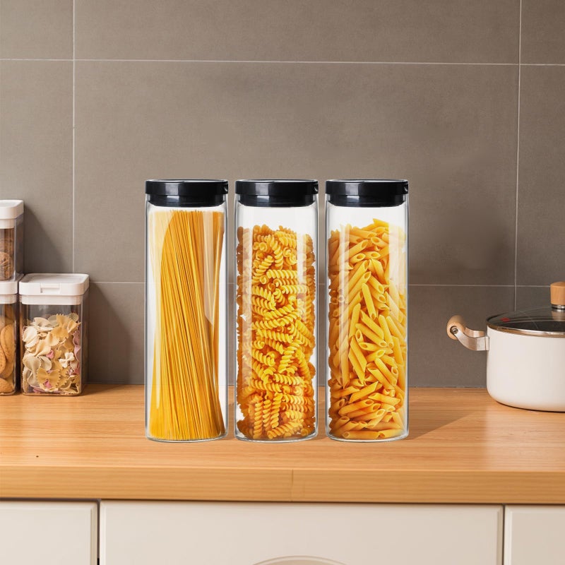 FEOOWV 1.9L/12inch Pasta Storage Jars-Spaghetti Container Glass Pasta Jar with Lid- Airtight Dry Food Storage Kitchen Canister for Snacks Macaroni Noodles Candy (Black) - Image 5