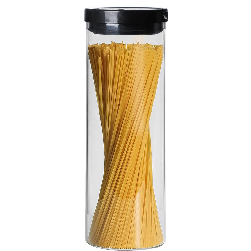 FEOOWV 1.9L/12inch Pasta Storage Jars-Spaghetti Container Glass Pasta Jar with Lid- Airtight Dry Food Storage Kitchen Canister for Snacks Macaroni Noodles Candy (Black) - Image 1