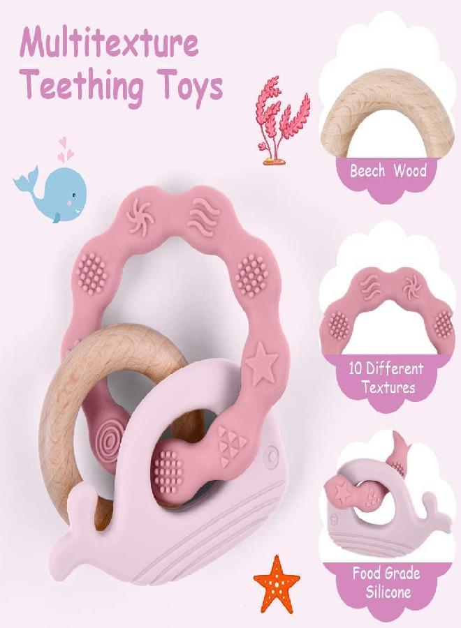 Vicloon Vicloon Baby Teether Toys, Silicone & Natural Wood Teether Ring, Baby Teething Toys for Babies 3 Months+, Silicone Chewable Rings for Newborn Gift（Pink）  - Image 4