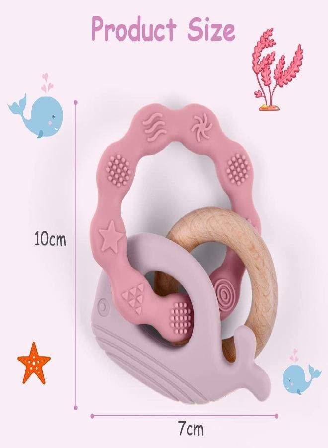 Vicloon Vicloon Baby Teether Toys, Silicone & Natural Wood Teether Ring, Baby Teething Toys for Babies 3 Months+, Silicone Chewable Rings for Newborn Gift（Pink）  - Image 2