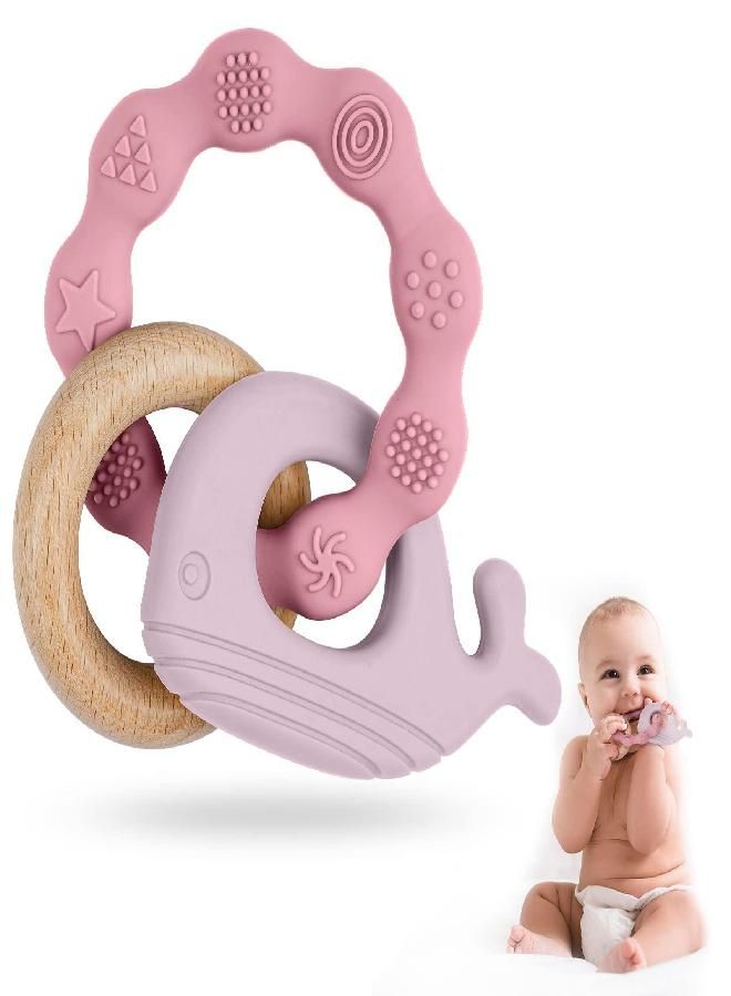 Vicloon Vicloon Baby Teether Toys, Silicone & Natural Wood Teether Ring, Baby Teething Toys for Babies 3 Months+, Silicone Chewable Rings for Newborn Gift（Pink）  - Image 5