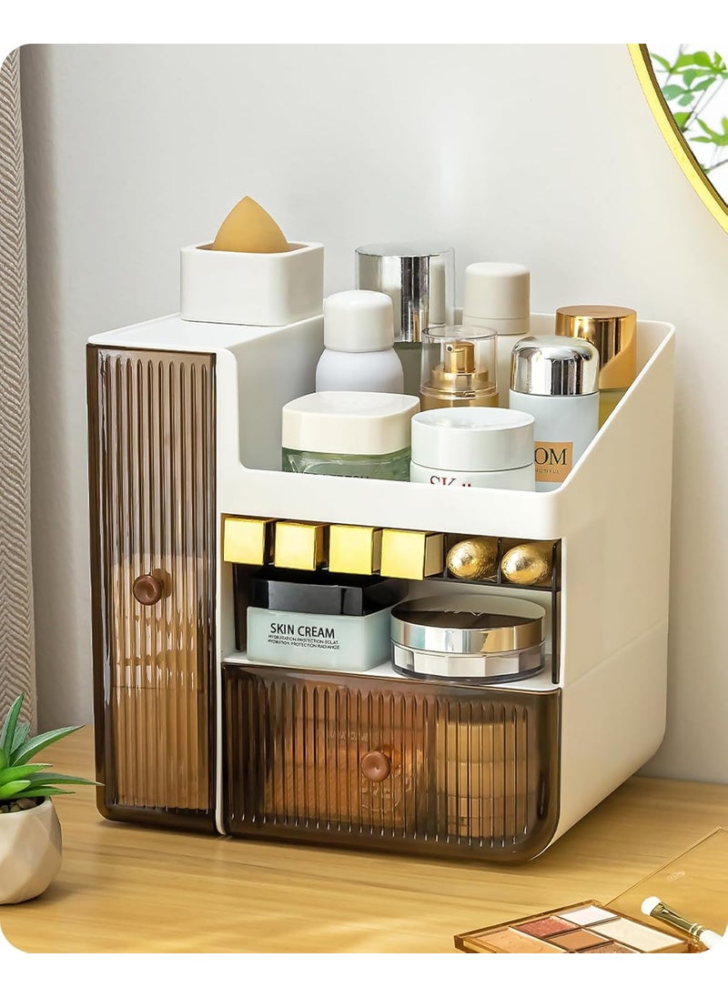 baffect Baffect Makeup Organizer, Large Capacity Cosmetic Storage Box with Dustproof Drawers, Clear Plastic Skincare and Jewelry Display Case for Bathroom Countertop (White and Brown) 
