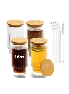 4pcs, Ribbed Glass Cups With Lids And Straws, 16oz Drinking