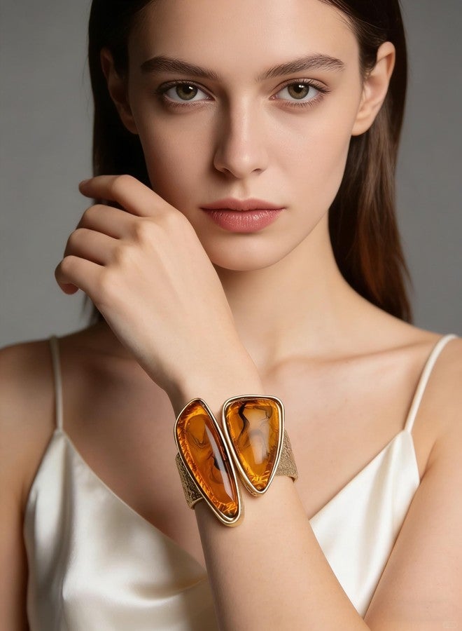Bjesinmo Chunky Gold Bangle Bracelets for Women Trendy Cuff Bracelet Open Wide Arm Wrist Wrap Jewelry with Yellow Stone - Image 2