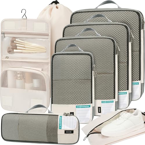 BAGAIL 4 Set/6 Set/8 Set Compression Packing Cubes Travel Accessories Expandable Packing Organizers (Half Mesh, 8-Beige) - Image 1